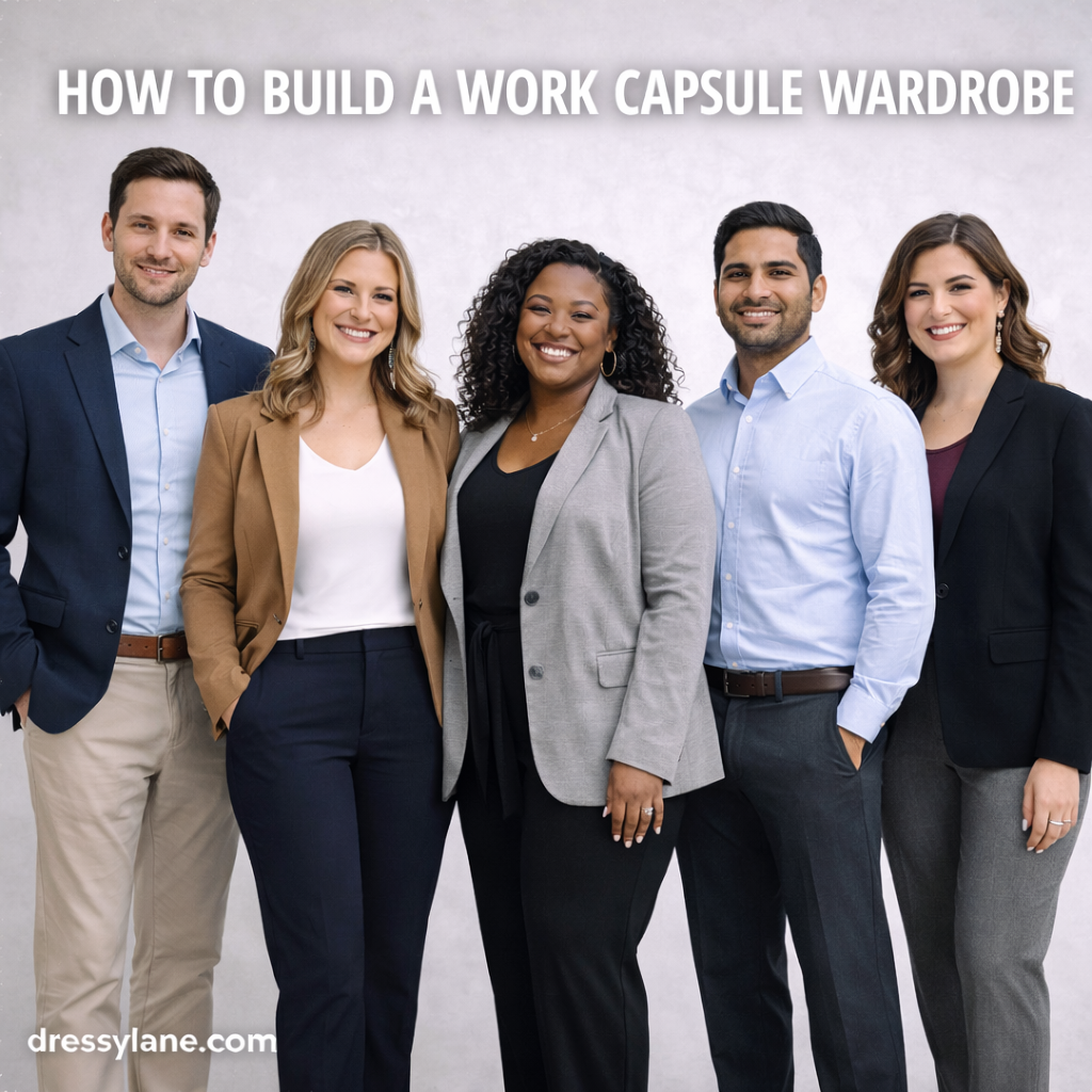 Diverse group of professionals wearing coordinated business outfits that represent a versatile work capsule wardrobe.