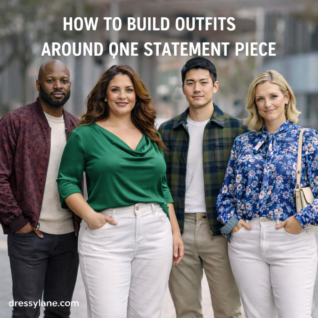 Group of stylish adults wearing outfits built around a single statement piece, featuring bold colors and patterned layers.