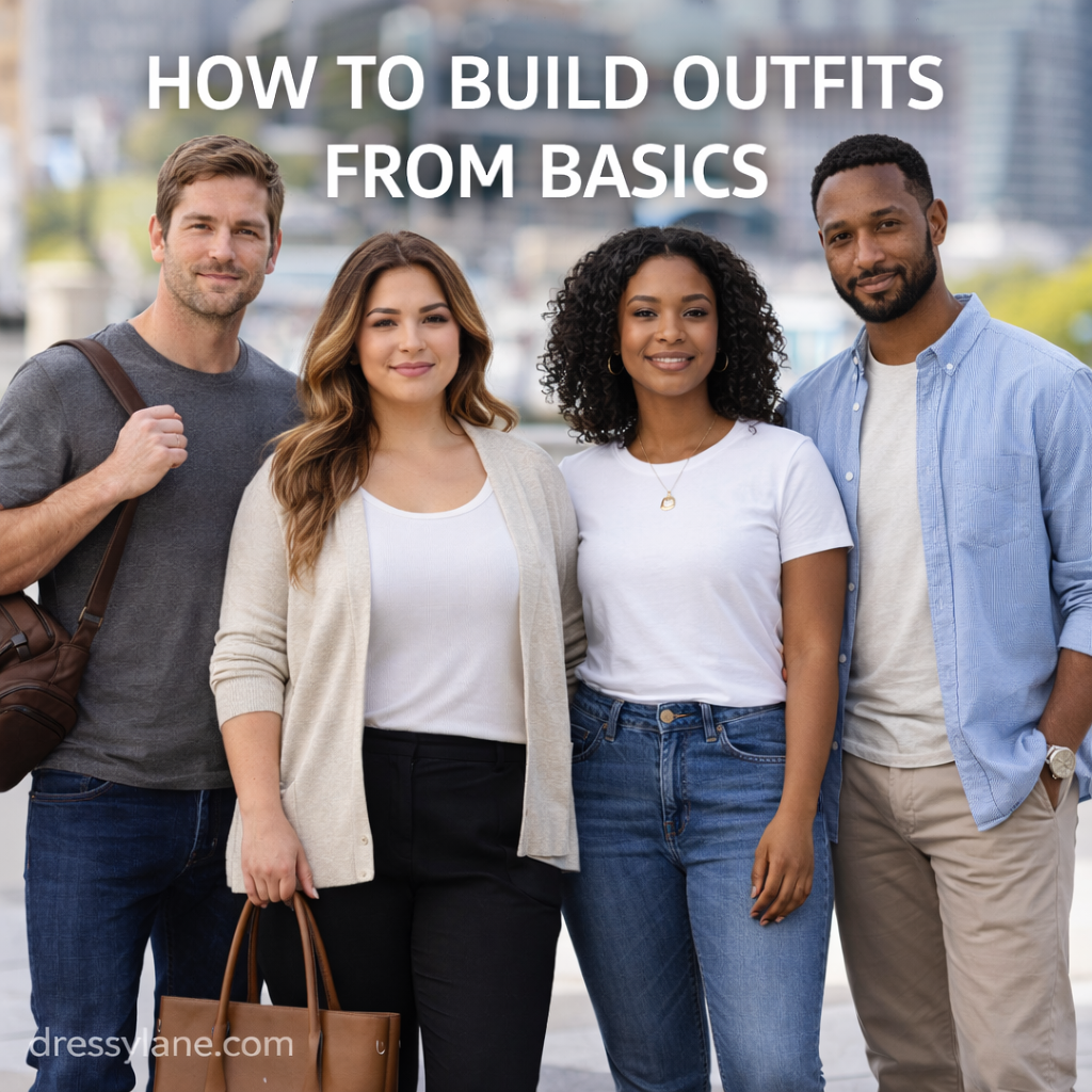 Group of men and women wearing simple, neutral wardrobe basics outdoors, featuring a confident curvy woman in a cardigan and classic top.