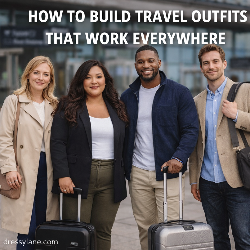 A diverse group of men and women wearing versatile travel outfits at an airport, featuring a confident woman with a curvier build, showcasing polished looks suitable for travel and everyday wear.