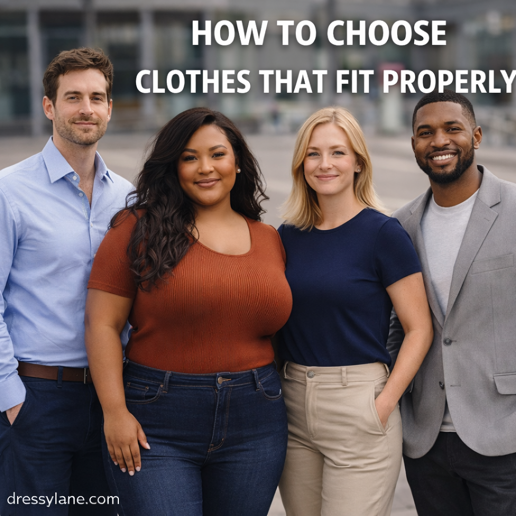 A diverse group of men and women wearing well-fitted, flattering outfits, featuring an attractive ethnic woman with a curvier build, demonstrating how proper fit enhances everyday style.