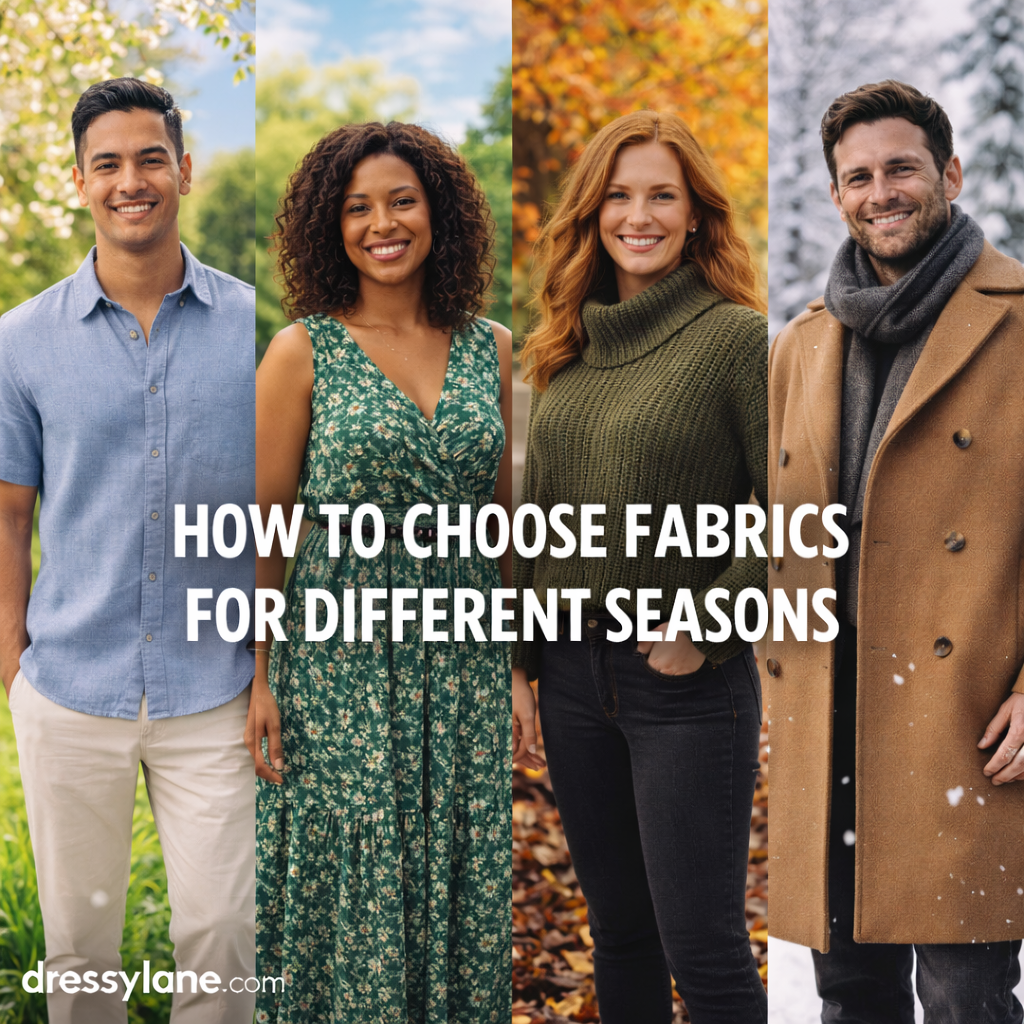 Group of men and women wearing season-appropriate outfits made from breathable and insulating fabrics, illustrating how to choose fabrics for different seasons.