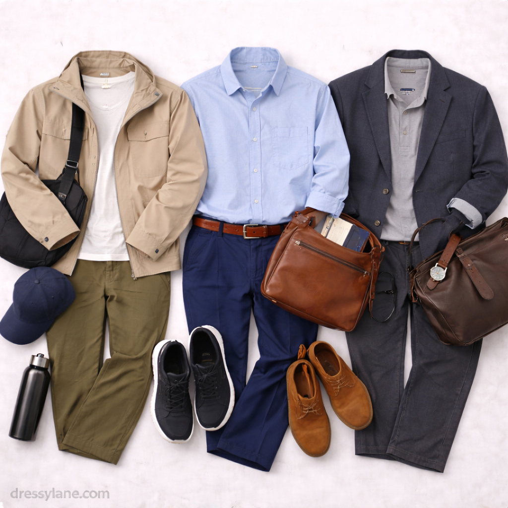 Flat lay of men’s clothing and accessories styled for different everyday situations, featuring versatile jackets, shirts, full-length pants, and polished footwear.