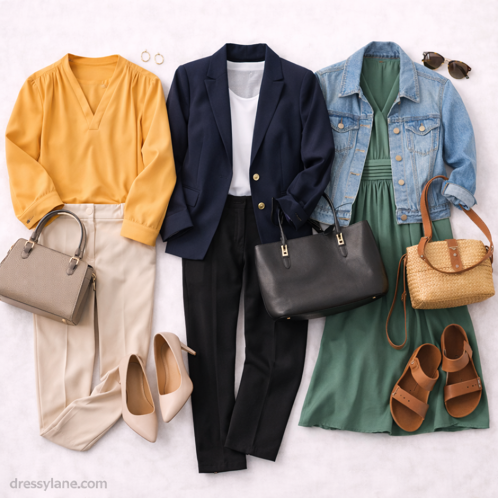 Flat lay of women’s clothing and accessories styled for a variety of everyday situations, featuring versatile tops, layers, polished bottoms, and neutral footwear.