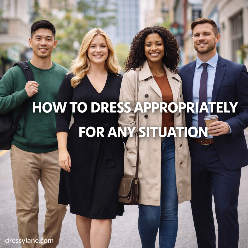 A diverse group of men and women dressed in outfits suitable for different everyday situations, showcasing adaptable and polished style choices.