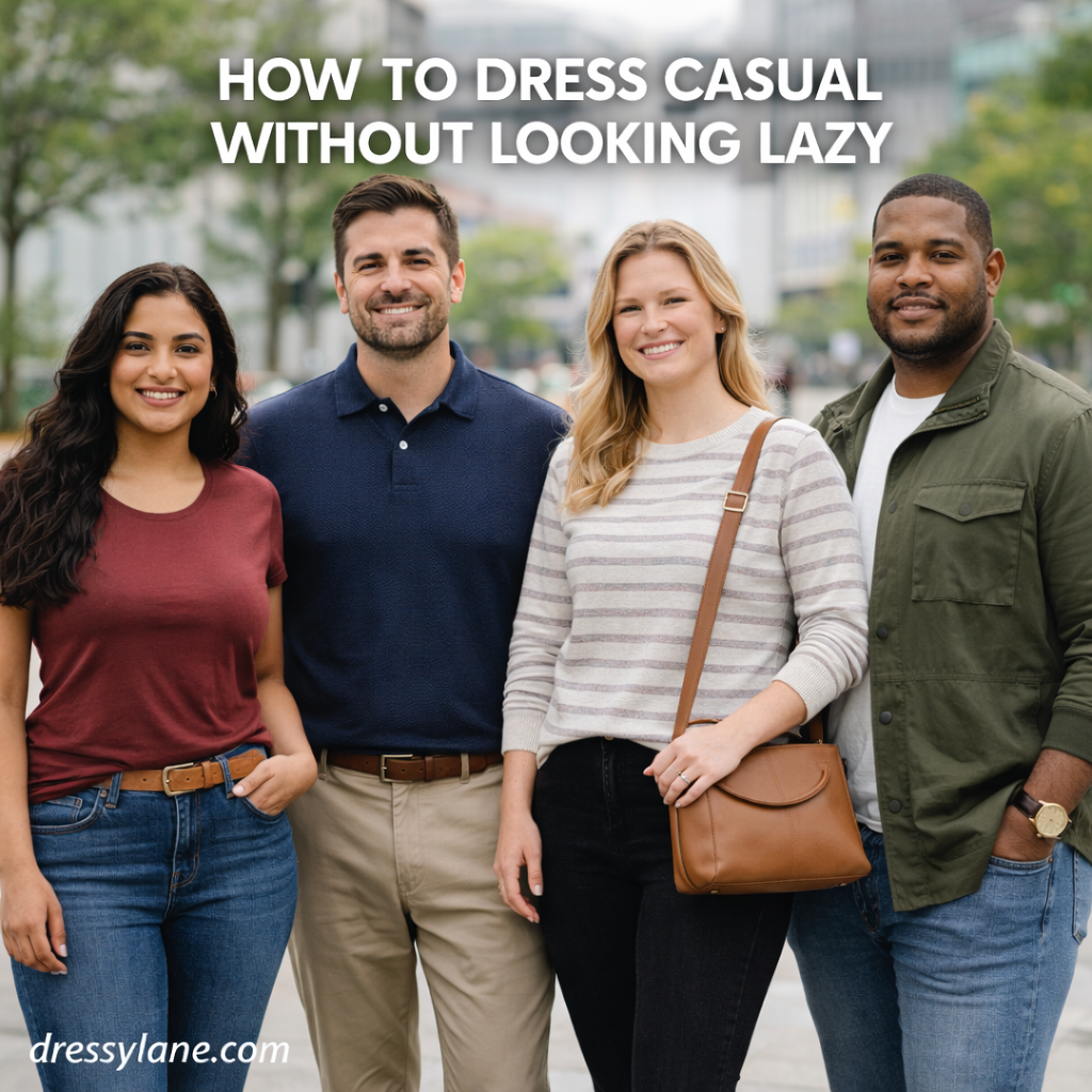Men and women wearing polished casual outfits in an urban setting that look relaxed yet put together.