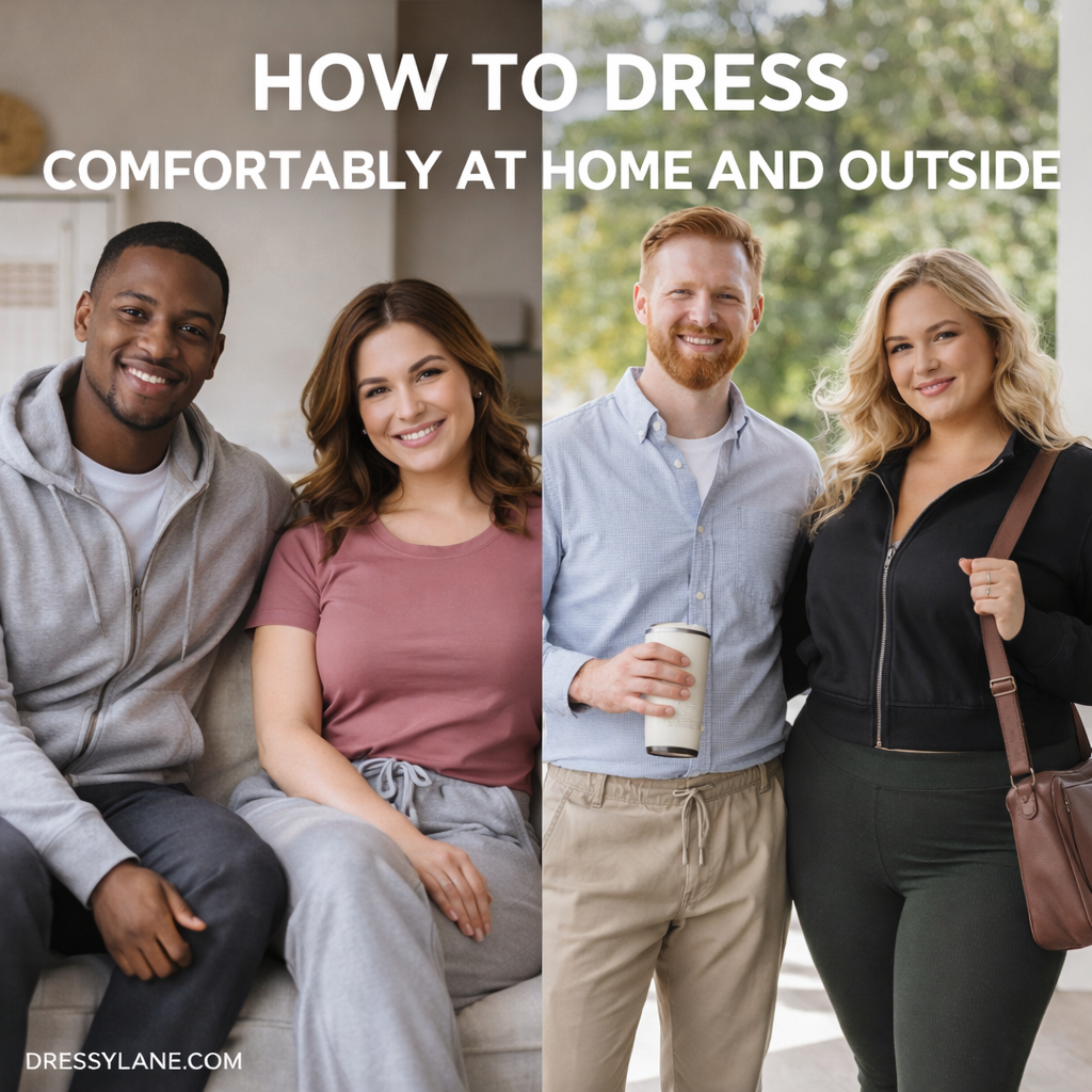 Diverse men and women wearing comfortable outfits suitable for relaxing at home and casual outings outside.