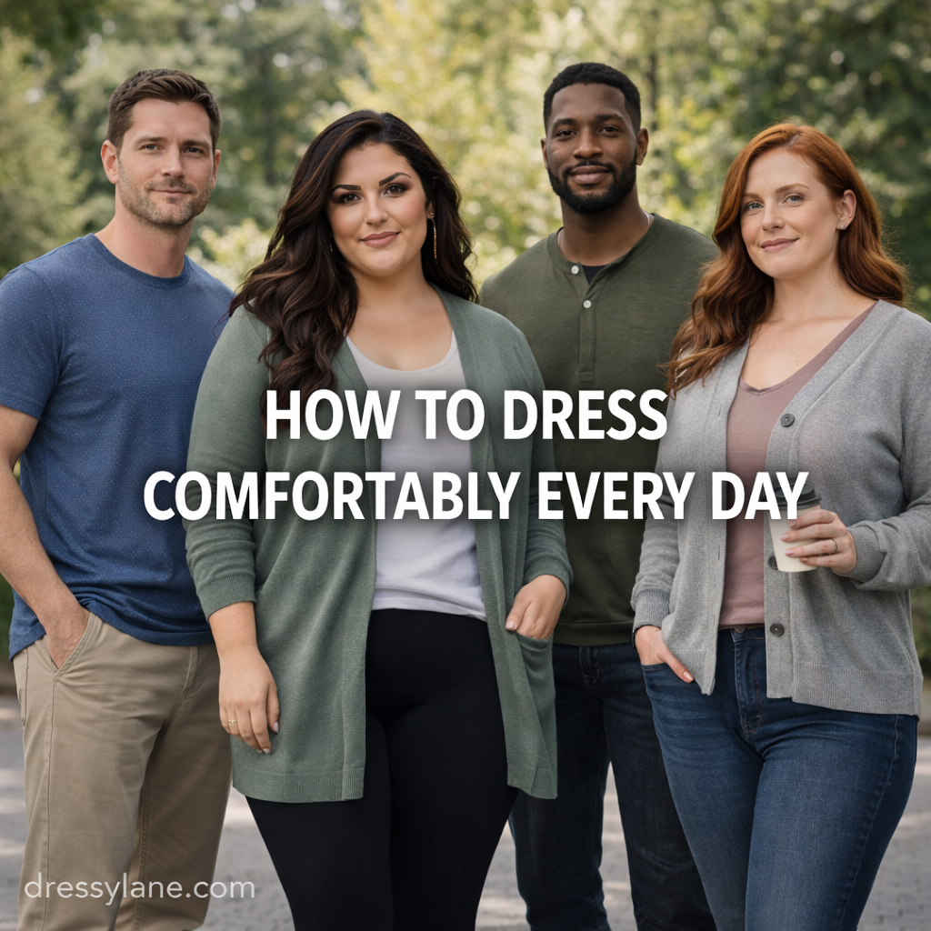 Group of men and women wearing casual, comfortable everyday outfits outdoors, featuring a confident curvy woman in a relaxed cardigan and leggings.