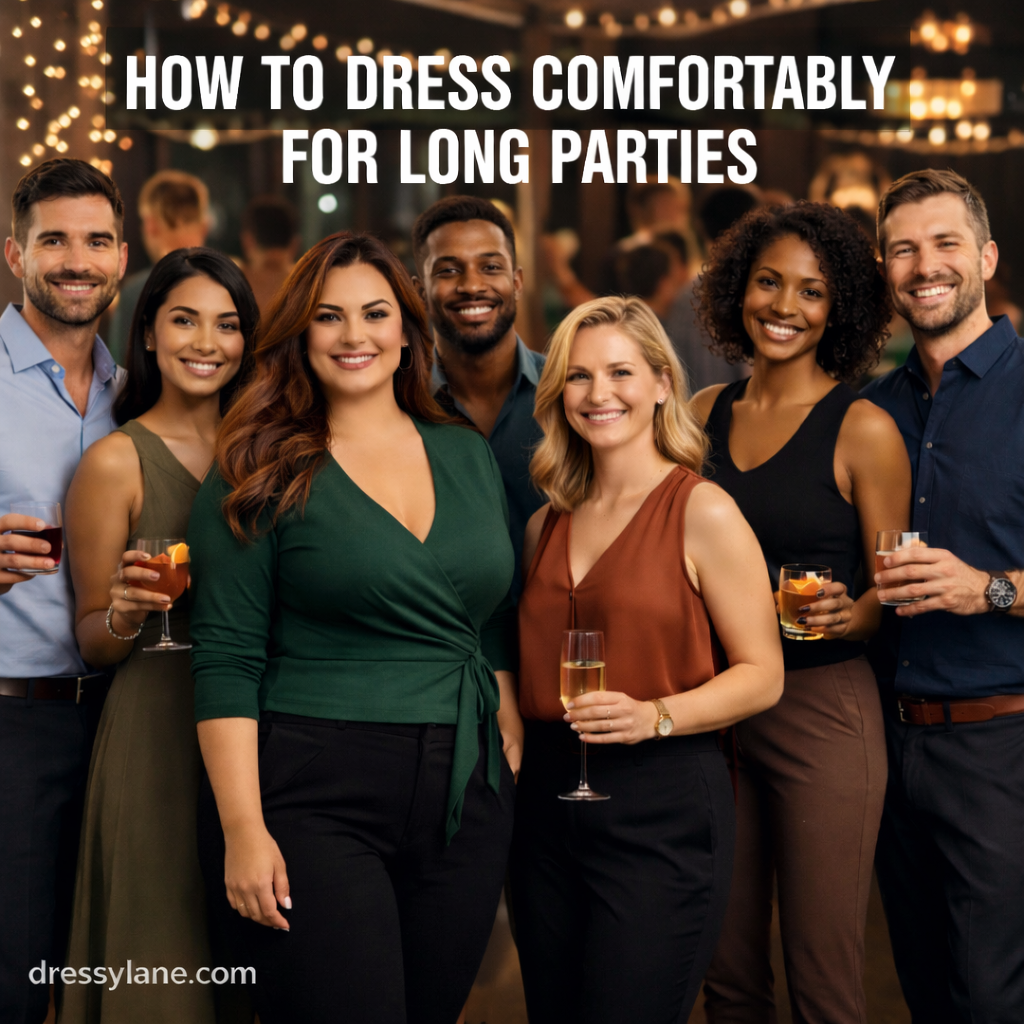 Group of diverse adults dressed in comfortable yet stylish party outfits at an evening social event.