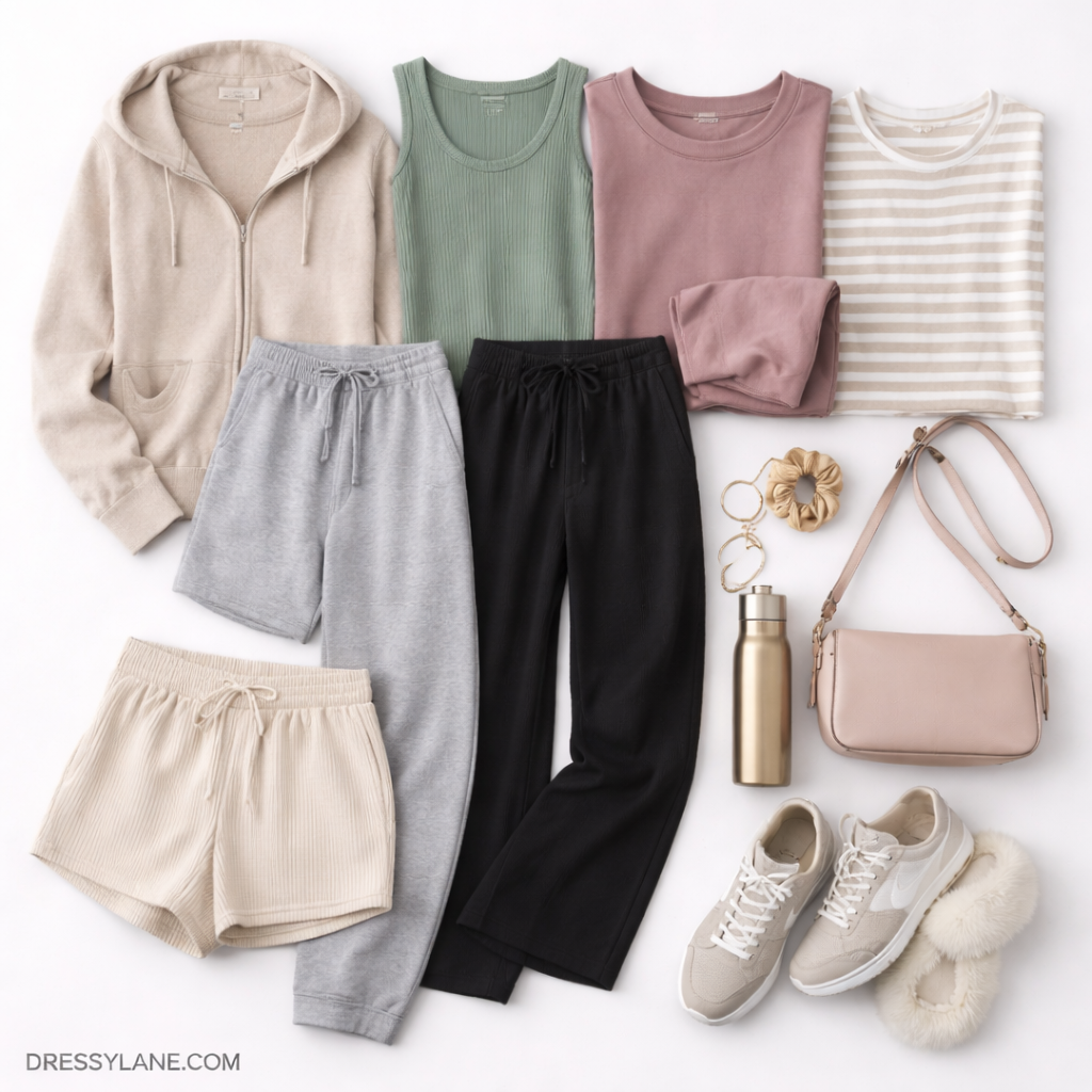 Flat lay of comfortable women’s clothing featuring loungewear, casual outfits, and accessories suitable for home and casual outings.