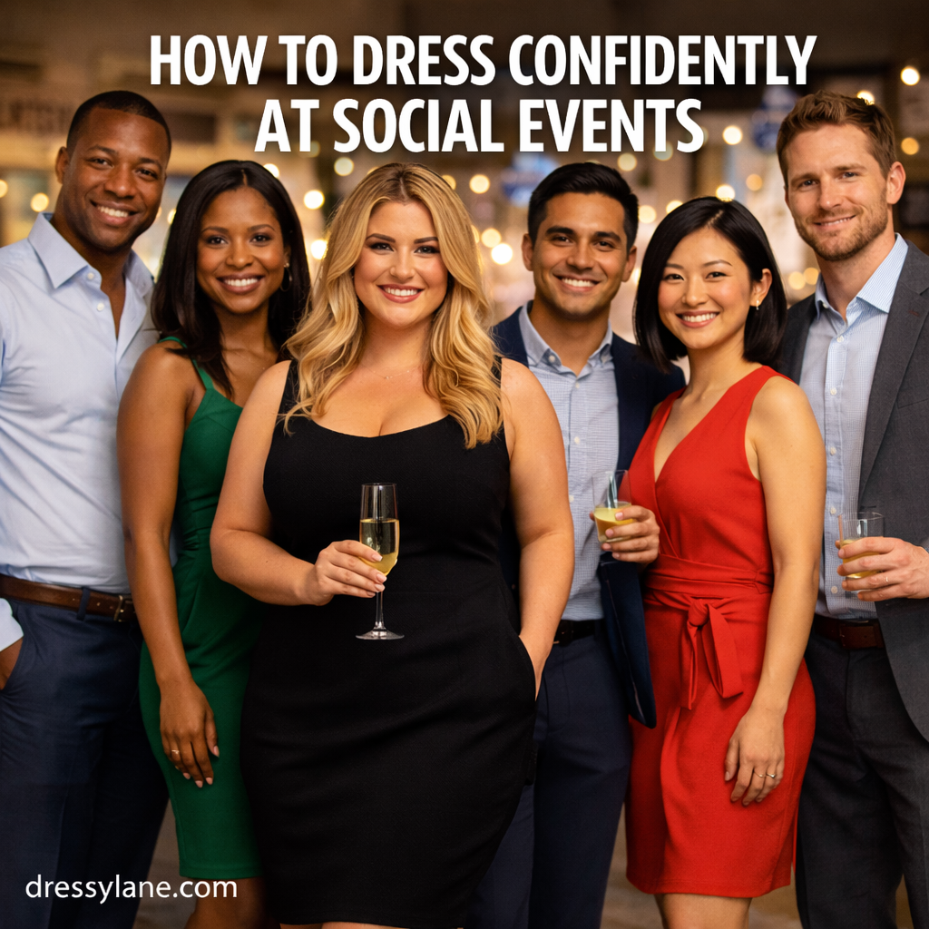 Confidently dressed group of men and women at a social event, featuring a curvy blonde woman in an elegant black dress, showcasing confident party and event style.