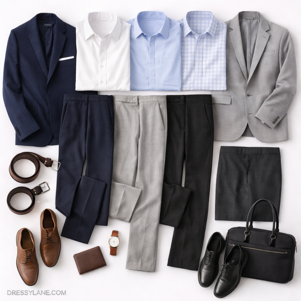 Flat lay of men’s professional workwear featuring suits, dress shirts, tailored trousers, dress shoes, and classic accessories.