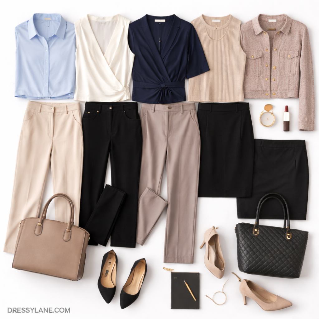 Flat lay of women’s professional workwear featuring blouses, tailored pants, skirts, blazers, heels, and structured handbags.