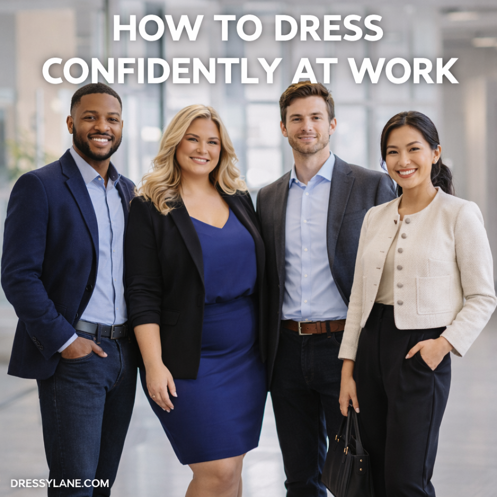 Diverse group of professionally dressed men and women standing confidently in a modern office environment.