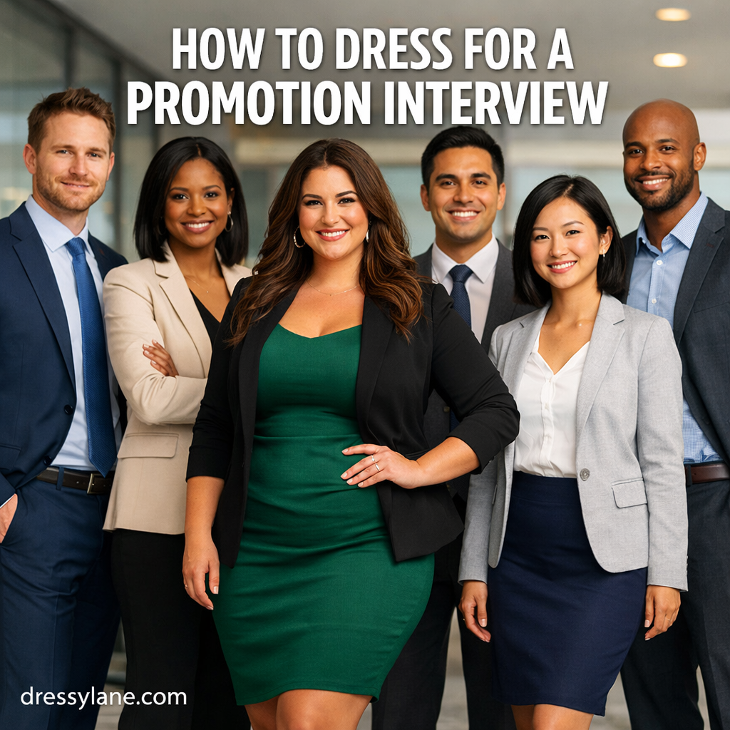 Group of professionally dressed men and women standing confidently in a modern office, featuring a curvy woman in a green dress, showing how to dress for a promotion interview.