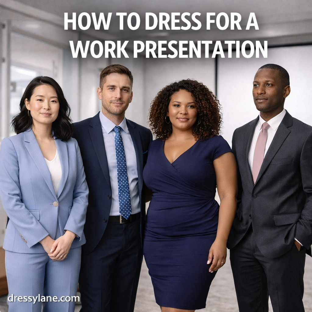 Diverse group of professionals dressed in polished business attire for a work presentation, featuring a confident curvy woman in a fitted navy dress.