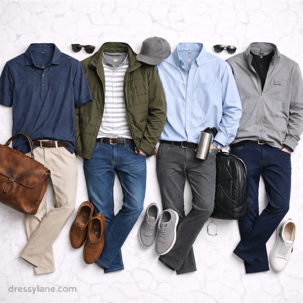 Flat lay of men’s comfortable, polished outfits for busy days including shirts, jackets, pants, shoes, and everyday accessories.
