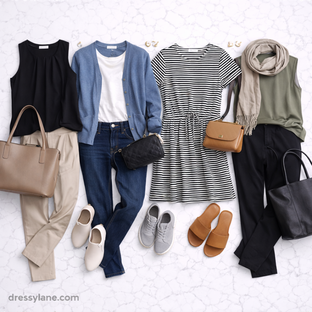 Flat lay of women’s comfortable, polished outfits for busy days including blouses, cardigans, dresses, pants, shoes, and structured bags.