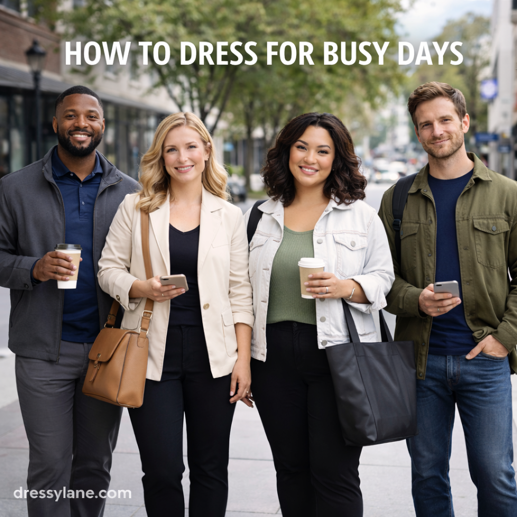 Diverse group of adults dressed in comfortable, polished outfits while standing on a city street during a busy day.