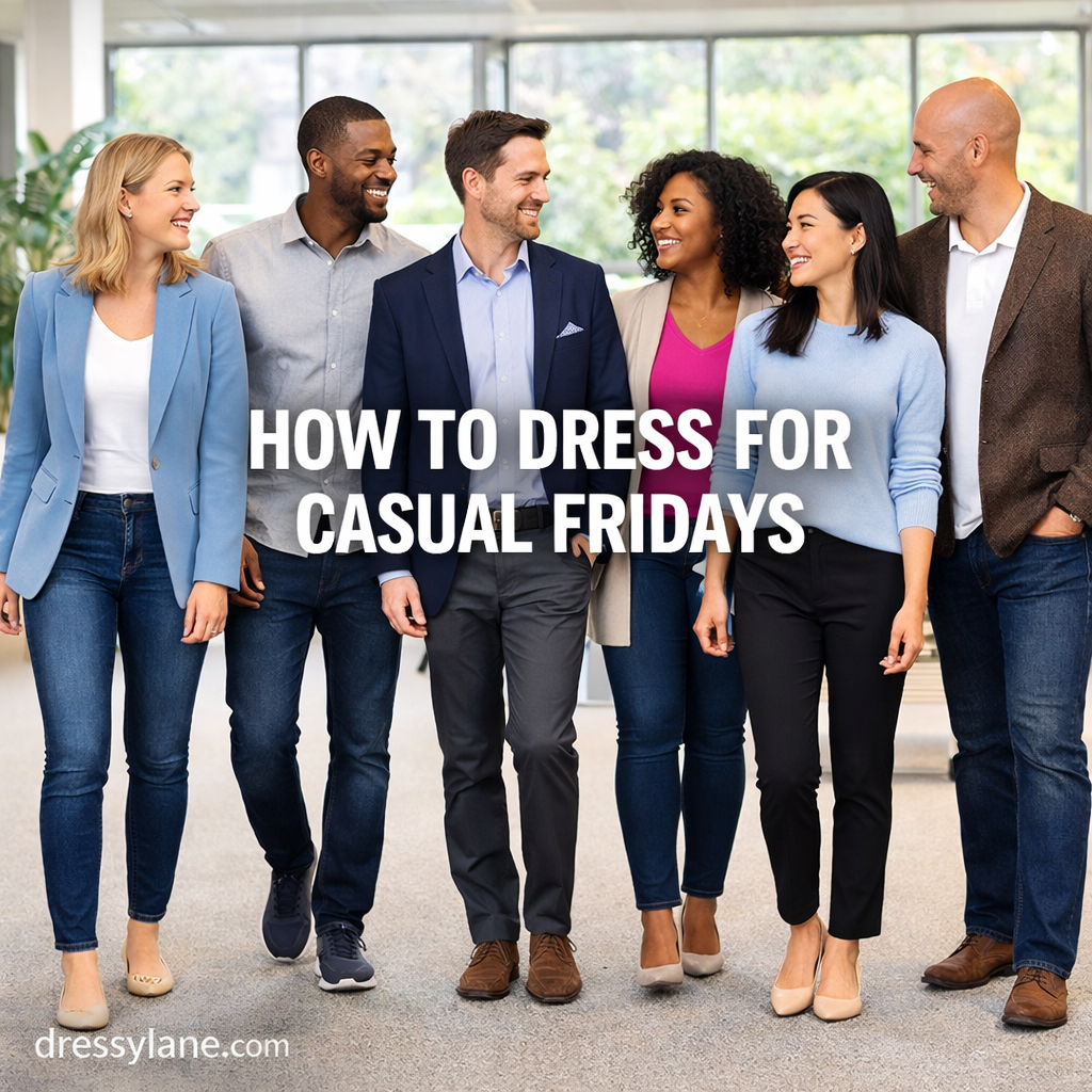 Diverse group of men and women wearing polished casual work outfits suitable for Casual Fridays in a modern office setting.