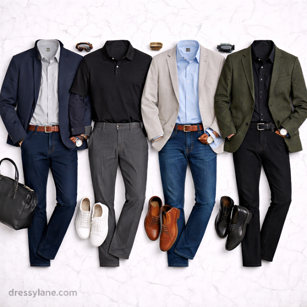 Flat lay of men’s day-to-night outfits including blazers, shirts, trousers, jeans, dress shoes, and smart casual accessories.