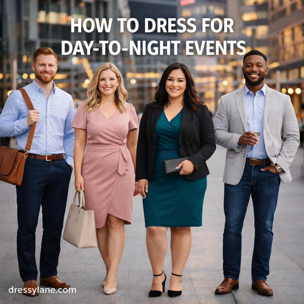 Diverse group of adults wearing versatile outfits suitable for both daytime and evening events in a modern city setting.