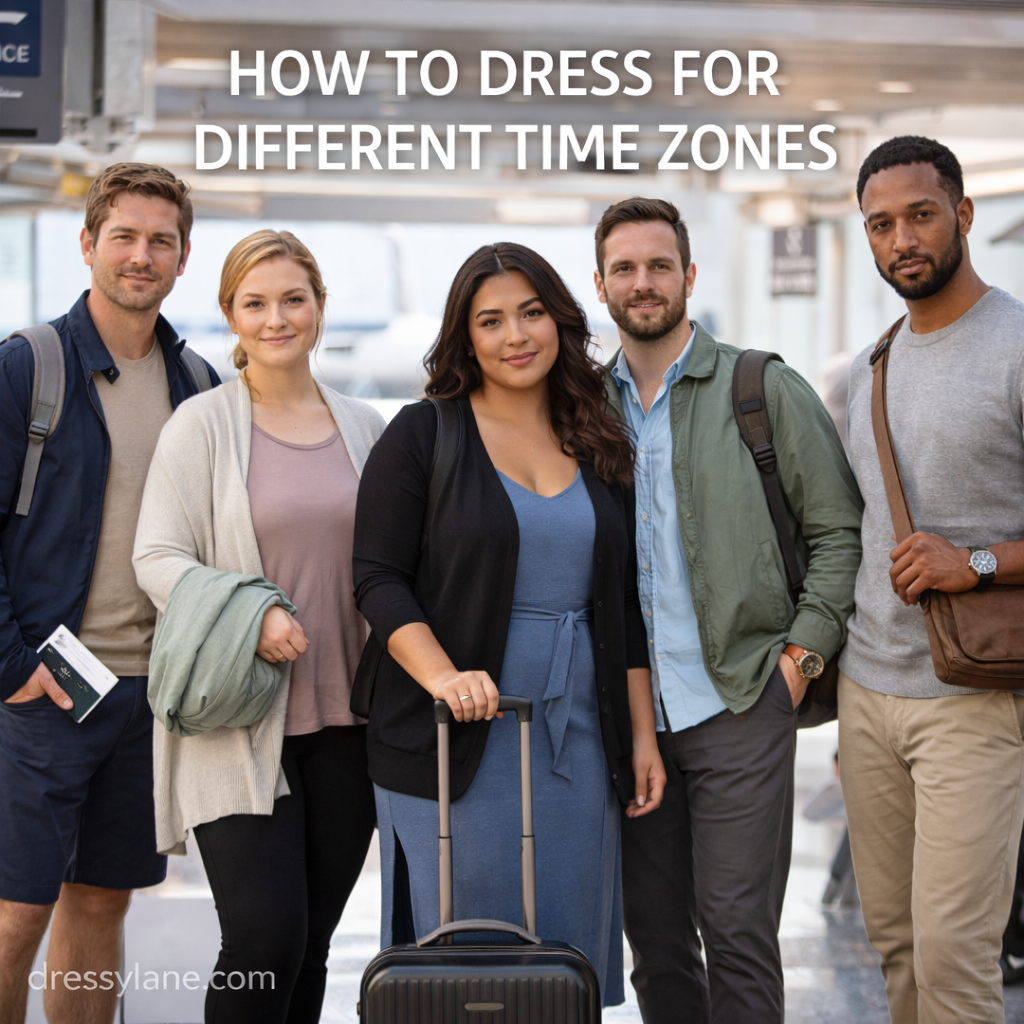 Group of men and women wearing layered travel outfits in an airport, featuring a confident curvy mixed-ethnic woman prepared for changing time zones.