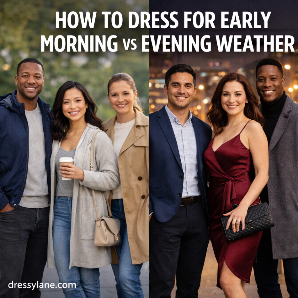 Group of men and women dressed for early morning and evening weather, featuring layered daytime outfits on one side and polished evening looks on the other.