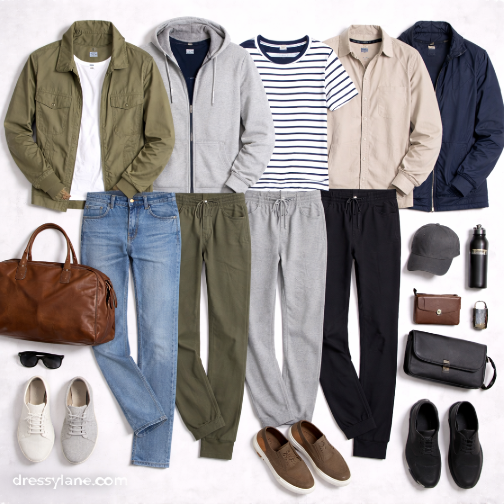 Flat lay of men’s casual yet polished errand outfits featuring jackets, T-shirts, joggers, jeans, sneakers, loafers, and everyday accessories arranged neatly.