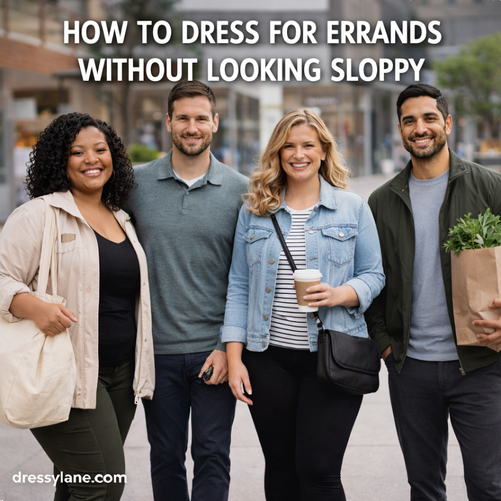 Diverse group of adults wearing comfortable, polished casual outfits while running errands in an outdoor shopping area.