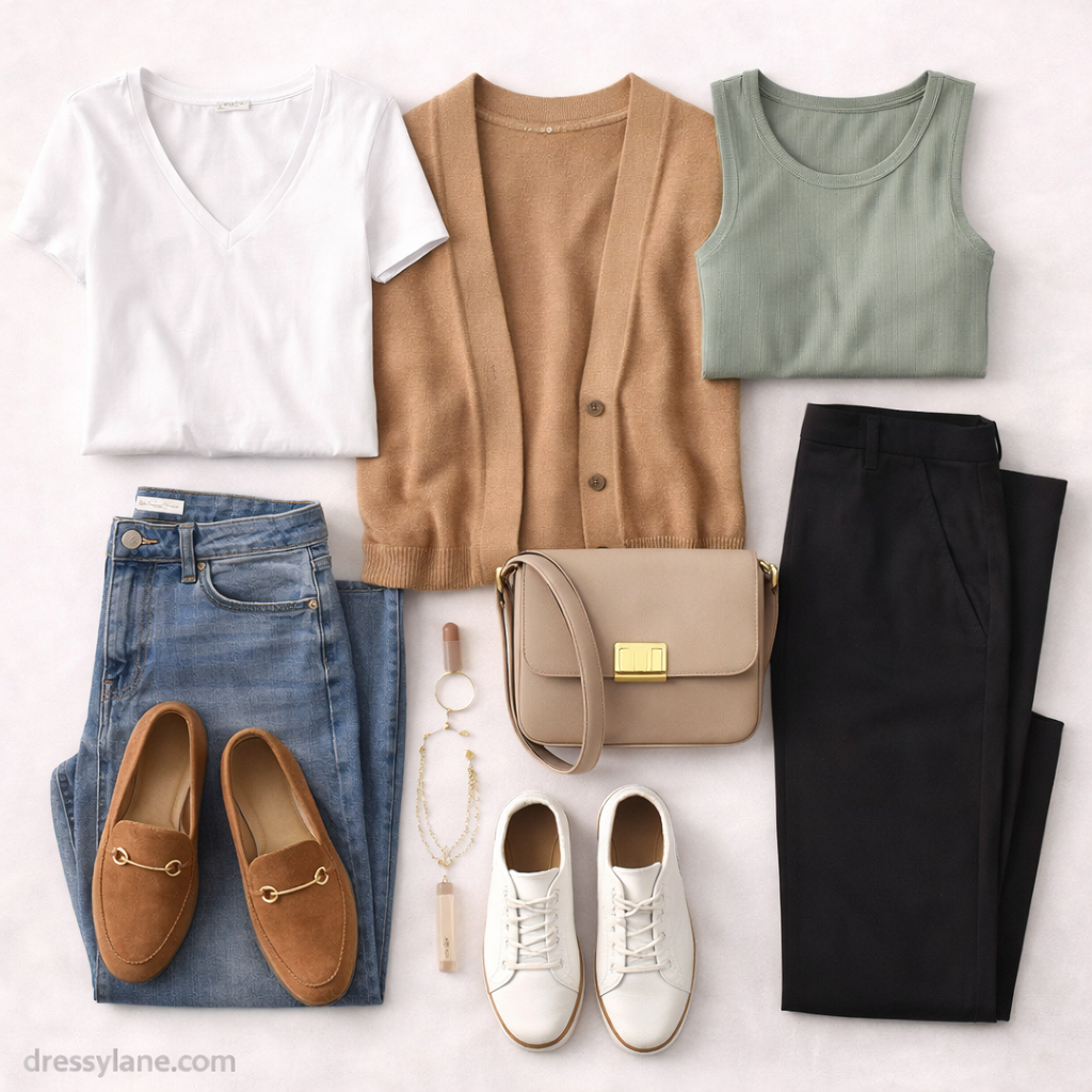 Flat lay of women’s clothing and accessories styled for everyday confidence, featuring versatile tops, layers, comfortable footwear, and polished essentials.