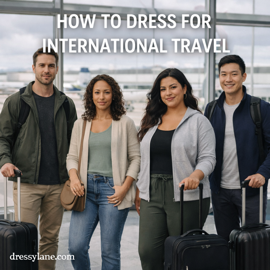 A diverse group of men and women wearing comfortable, stylish travel outfits at an airport, including a curvy woman dressed in relaxed travel attire.
