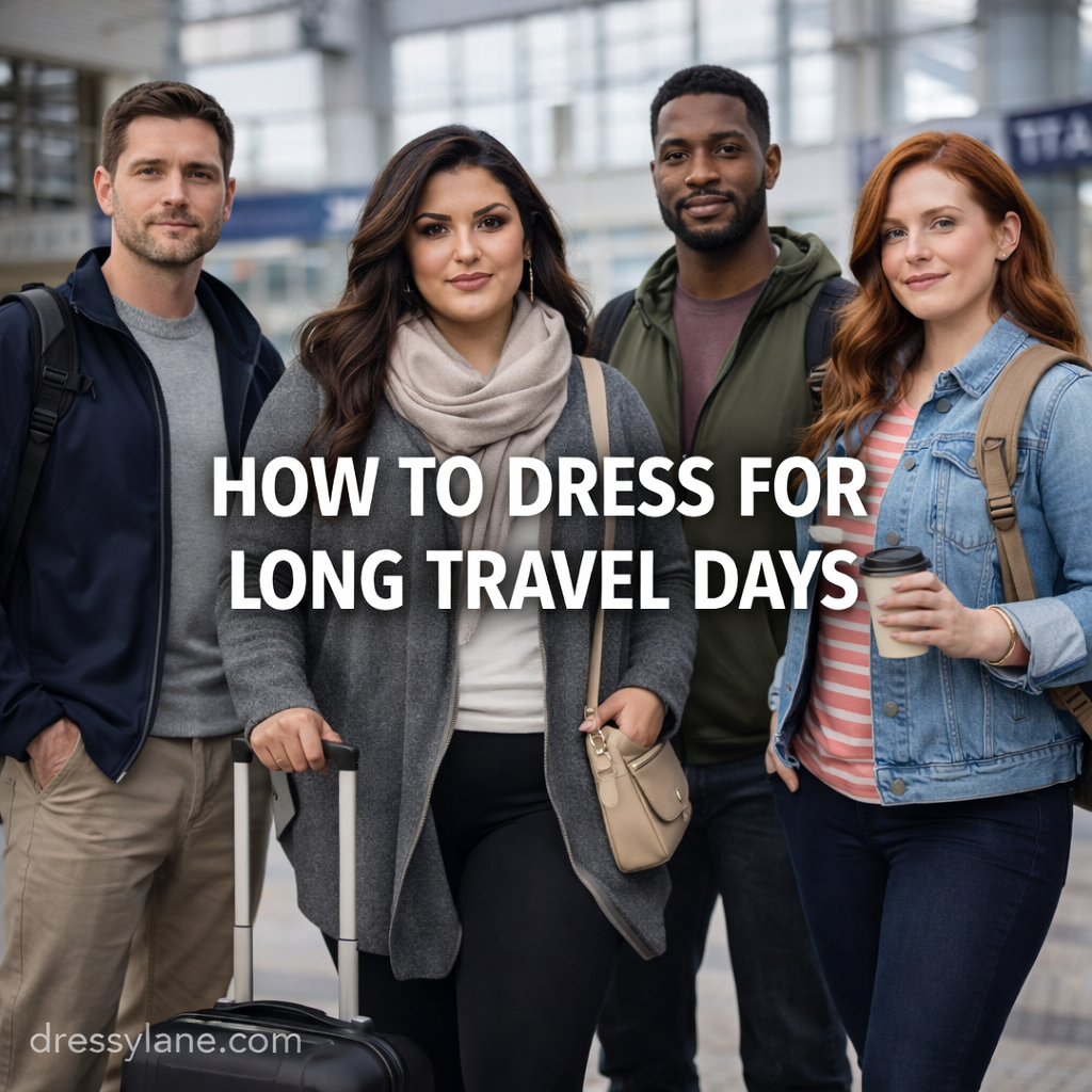 Group of men and women wearing comfortable travel outfits at an airport, featuring a stylish curvy woman dressed for a long travel day.