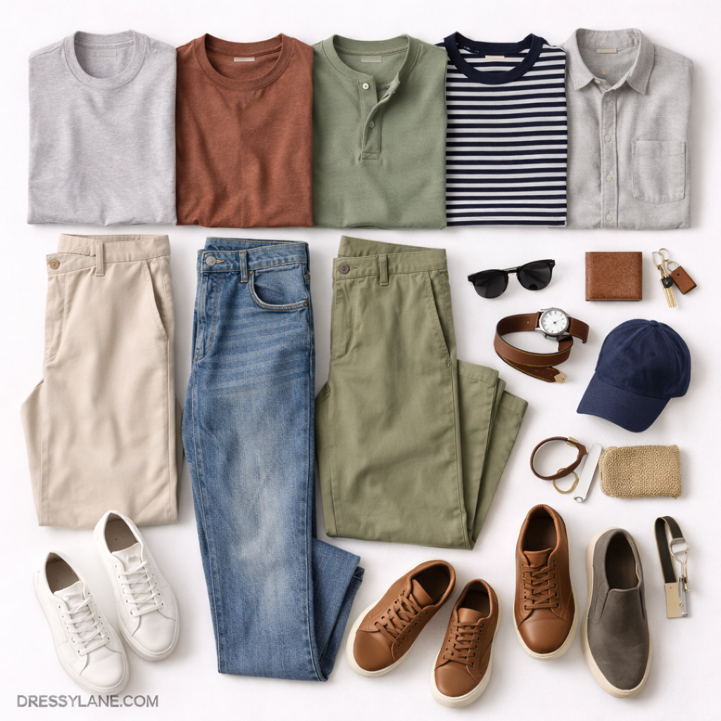 Flat lay of men’s casual outfits featuring relaxed tops, jeans, chinos, sneakers, and everyday accessories for low-key social gatherings.