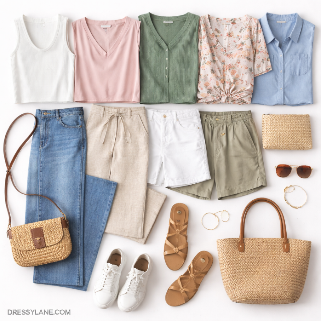 Flat lay of women’s casual outfits featuring relaxed tops, jeans, shorts, sandals, sneakers, and accessories for low-key social gatherings.