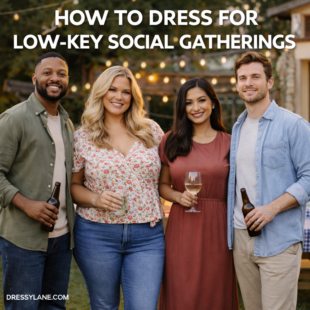 Diverse group of friends dressed casually at an outdoor low-key social gathering with relaxed, stylish outfits.
