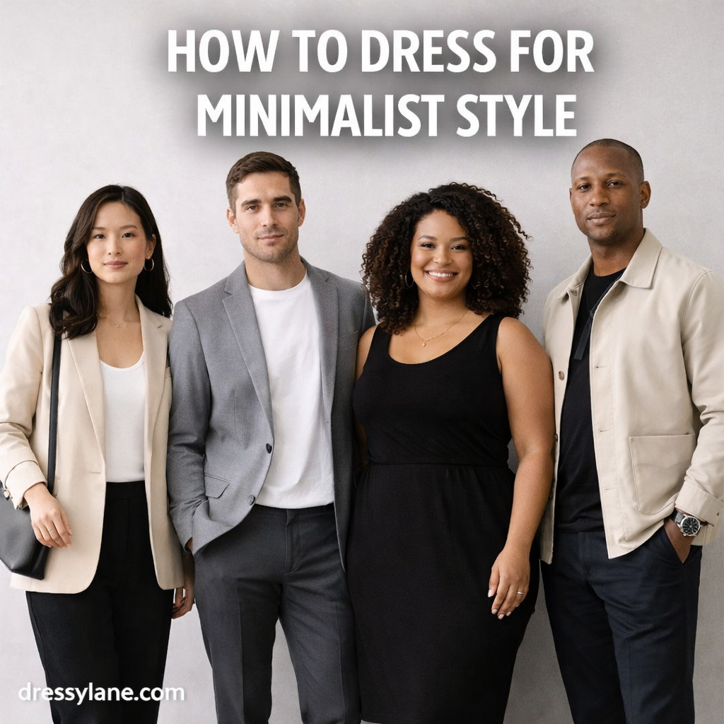 Diverse group of men and women wearing clean, neutral minimalist outfits with simple silhouettes, showcasing modern minimalist fashion style.
