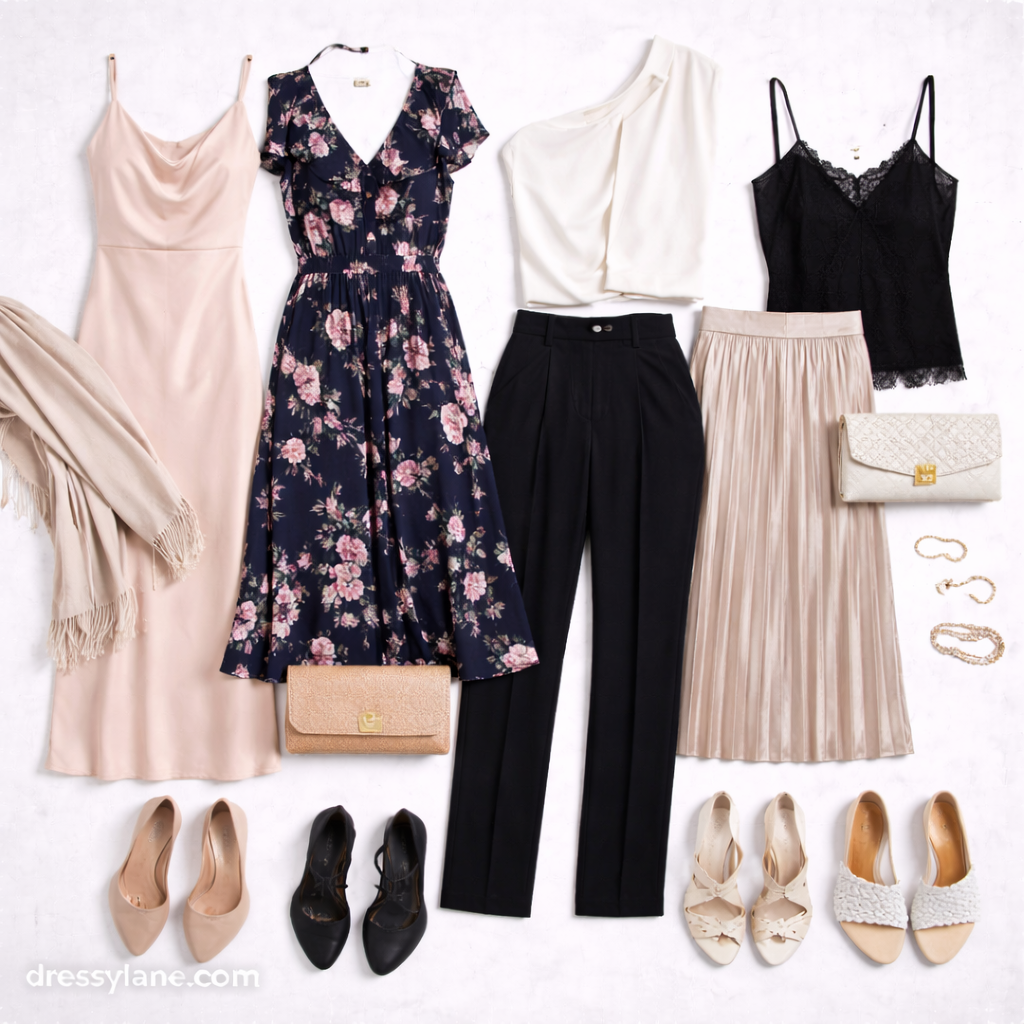 Flat lay of women’s polished outdoor evening outfits including dresses, skirts, tailored pants, elegant tops, heels, and evening accessories.