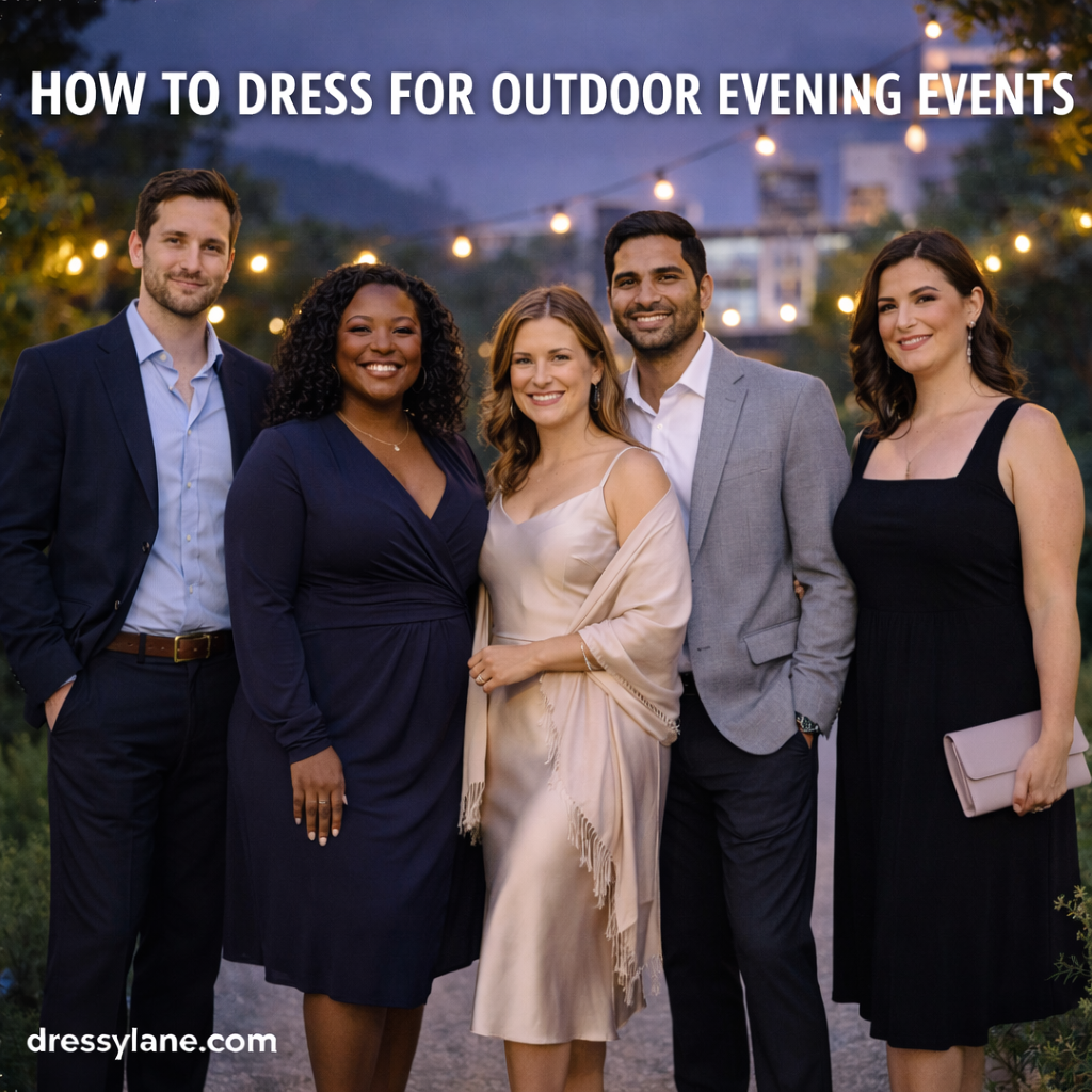 Diverse group of adults dressed in polished outfits at an outdoor evening event with string lights and a twilight setting.