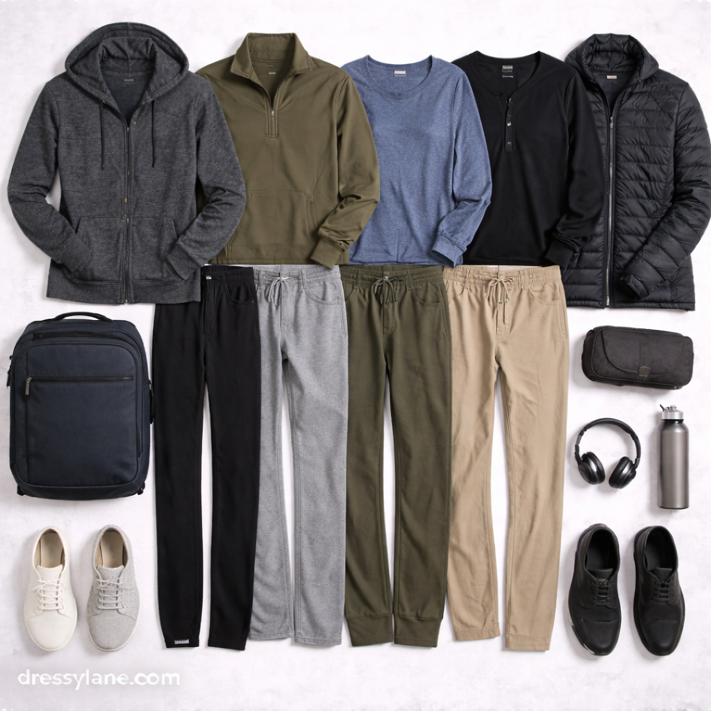 Flat lay of men’s overnight travel outfits including layered tops, full-length pants, sneakers, jackets, and practical travel accessories.