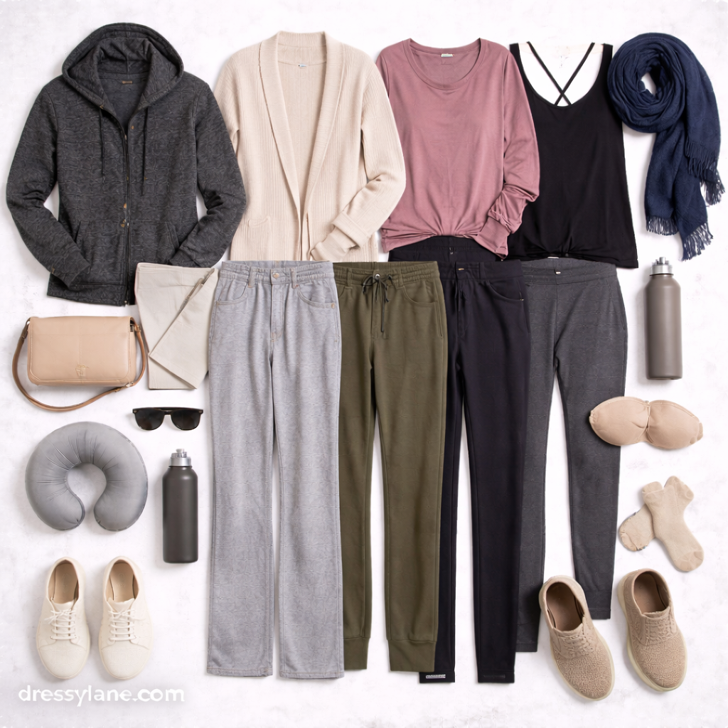 Flat lay of women’s comfortable overnight travel outfits including layered tops, soft pants, sneakers, scarves, and travel accessories.