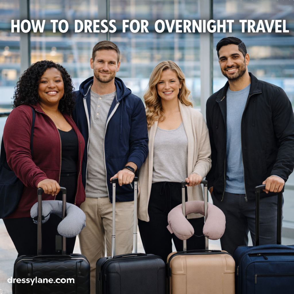 Diverse group of travelers wearing comfortable layered outfits suitable for overnight travel while standing in an airport with carry-on luggage.
