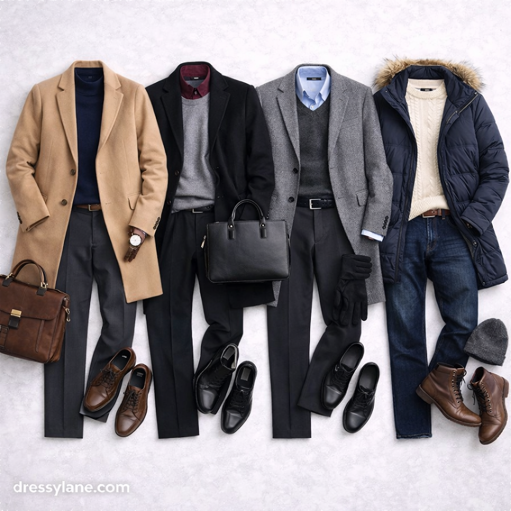 Flat lay of men’s cold-weather party outfits including coats, sweaters, trousers, boots, dress shoes, and winter accessories.