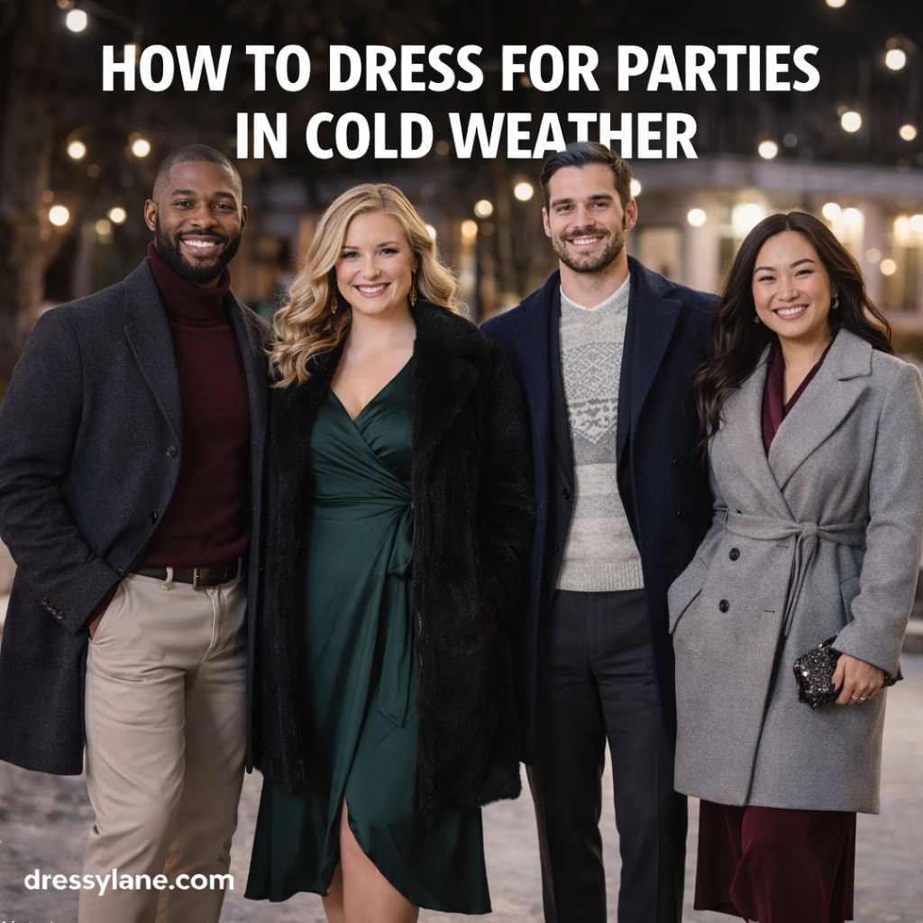 Diverse group of adults wearing stylish cold-weather party outfits including coats, dresses, sweaters, and formal layers at an evening event.
