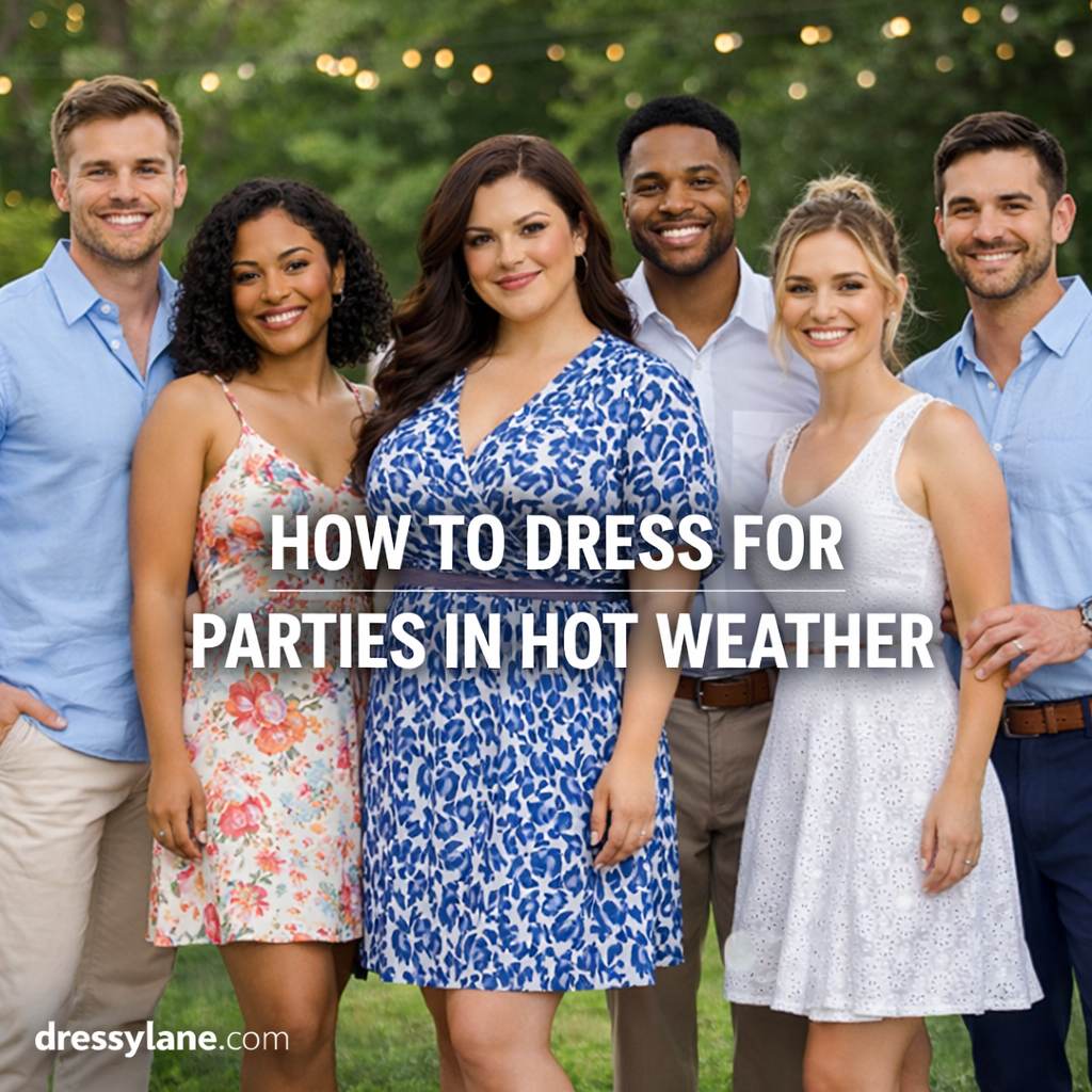 A diverse group of men and women wearing stylish, lightweight party outfits suitable for hot weather, standing outdoors in a relaxed social setting.