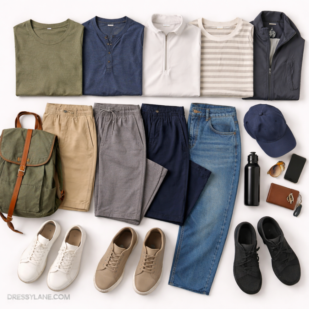Flat lay of men’s all-day outfits featuring comfortable tops, full-length pants, casual shoes, and practical everyday accessories.