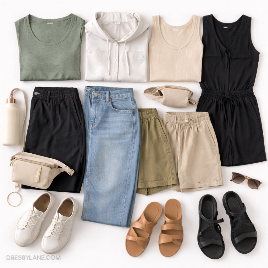 Flat lay of women’s all-day outfits featuring comfortable tops, relaxed bottoms, sneakers, sandals, and hands-free accessories.