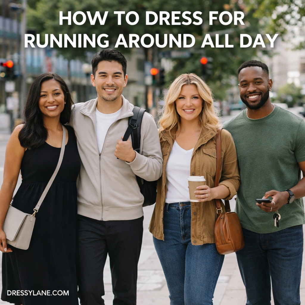 Diverse group of men and women wearing comfortable, casual outfits suitable for running errands and staying active throughout the day.