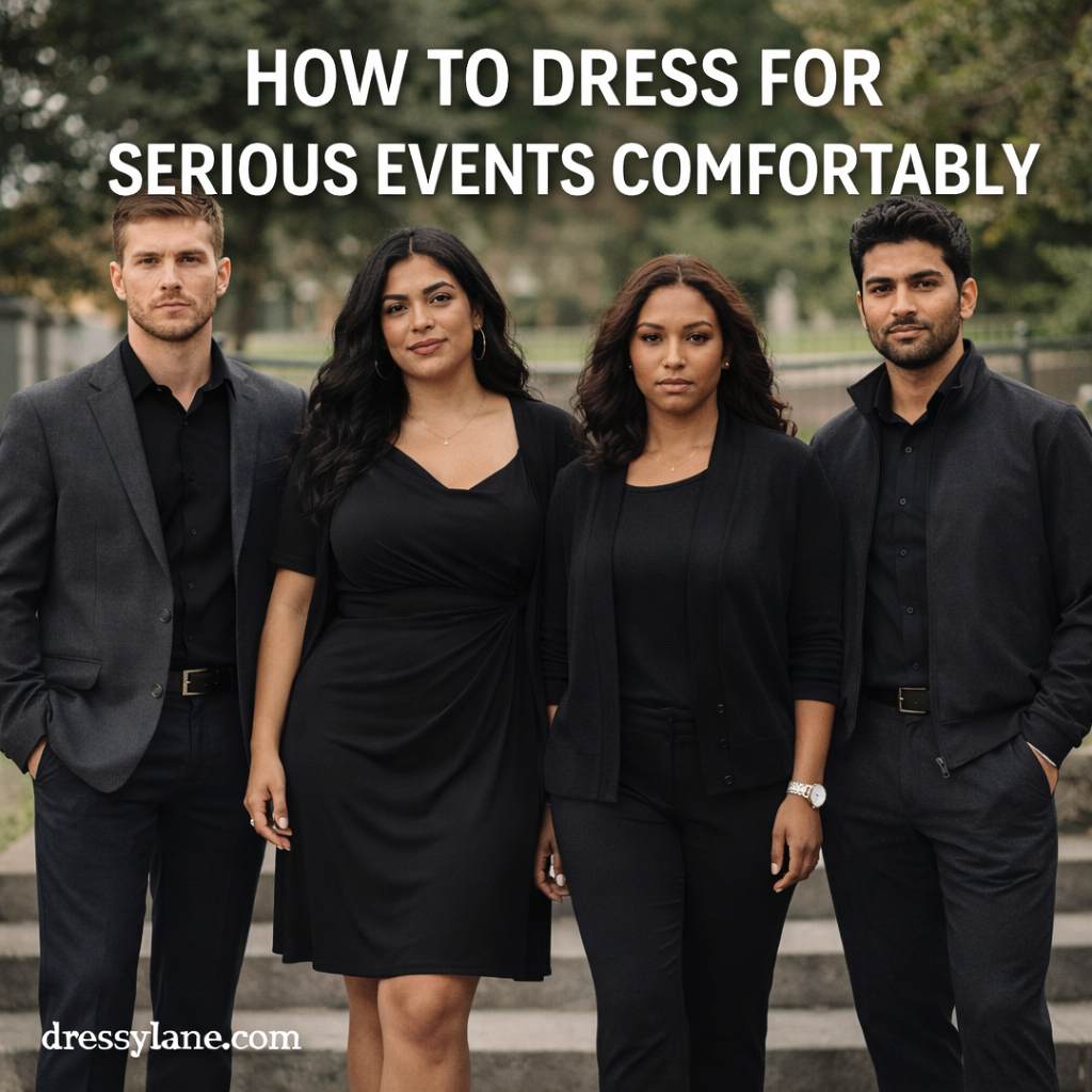 A diverse group of men and women wearing comfortable, respectful attire for serious events, including a curvy woman in a modest black dress.