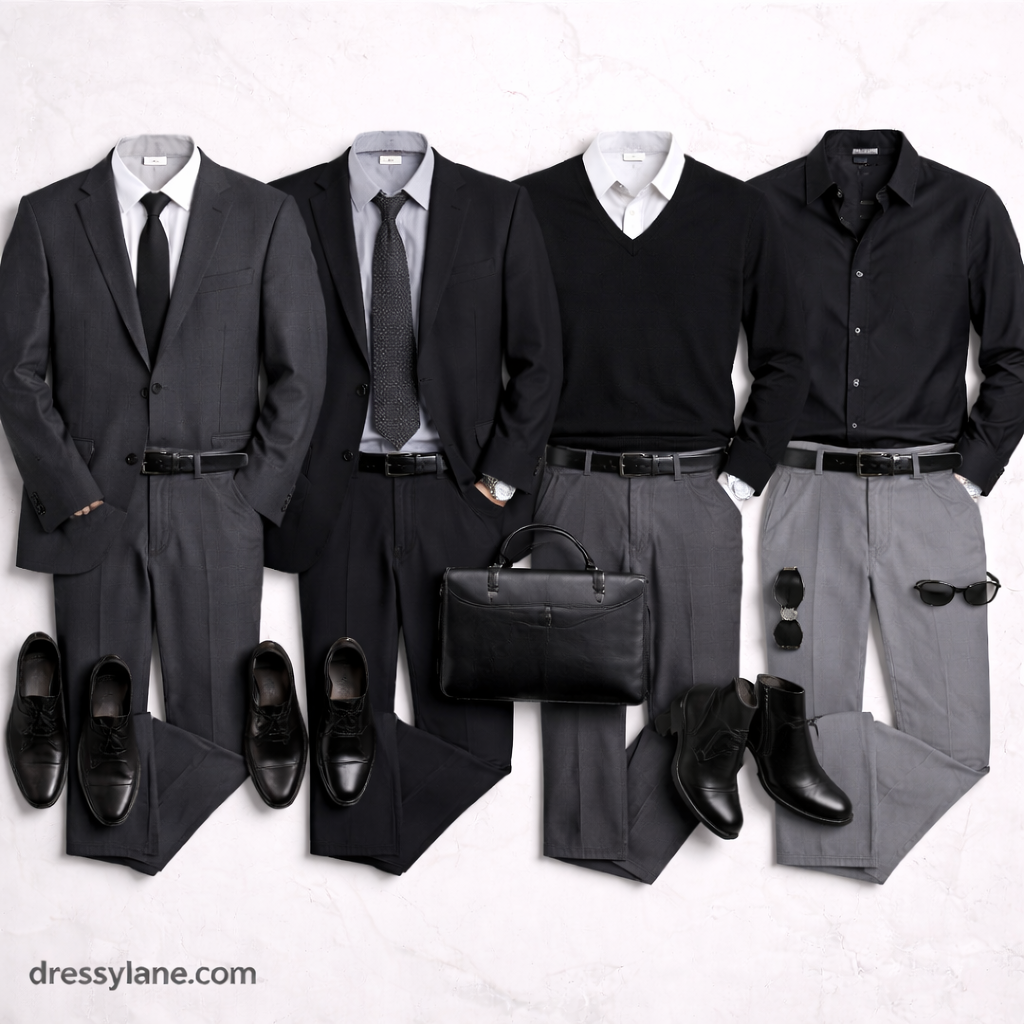 Flat lay of men’s respectful attire for serious events including suits, dress shirts, tailored trousers, shoes, and formal accessories.